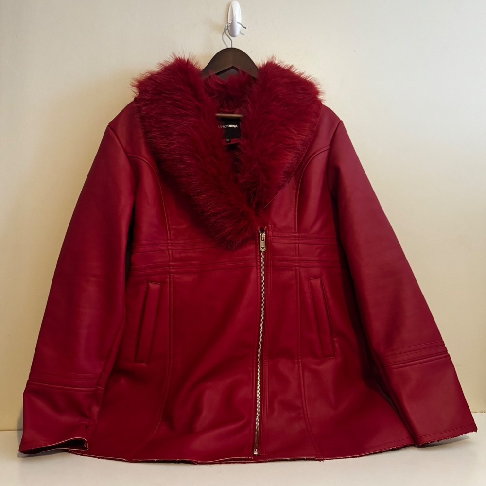 Women's Sz XL Red Faux Leather Faux Fur Trim Jacket Penny Lane Y2K Fall Capsue